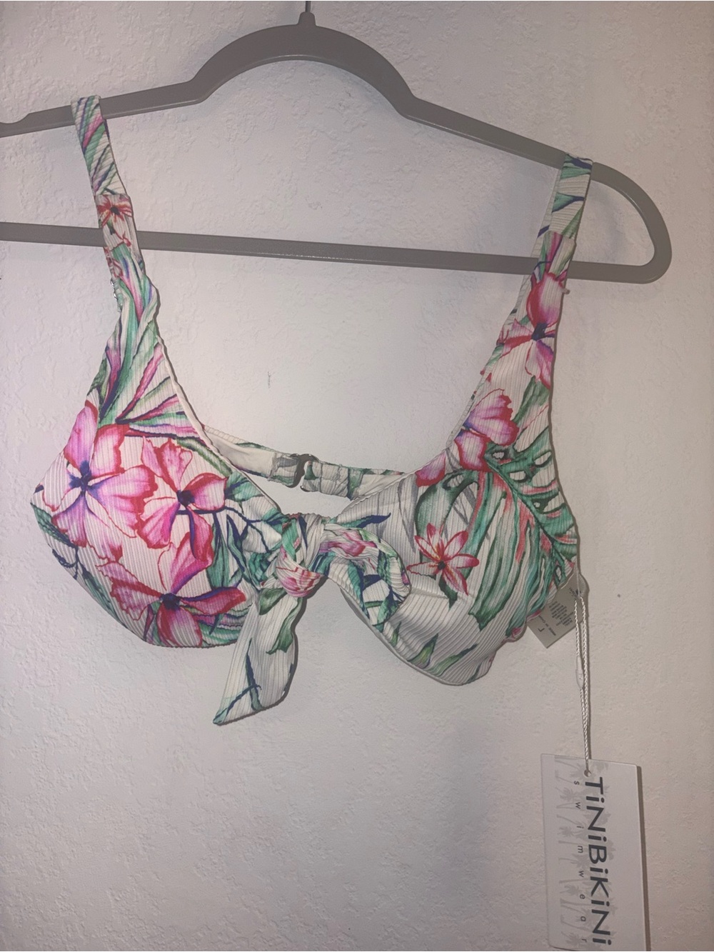 TiniBikini Pink & Green Floral Tie-Front Bikini Top